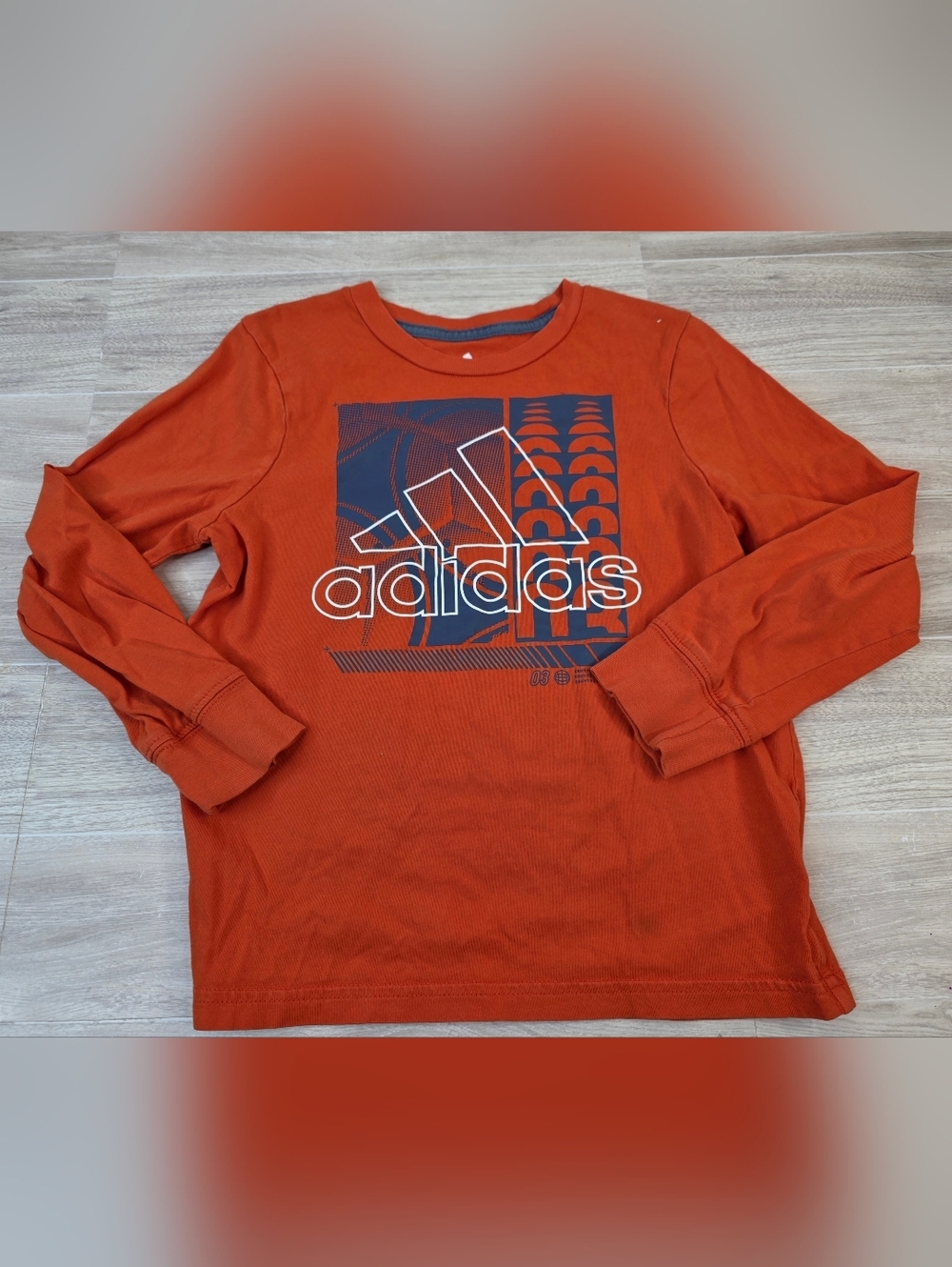 Boys 5 Adidas Orange Long Sleeve Tee with Navy & White Logo